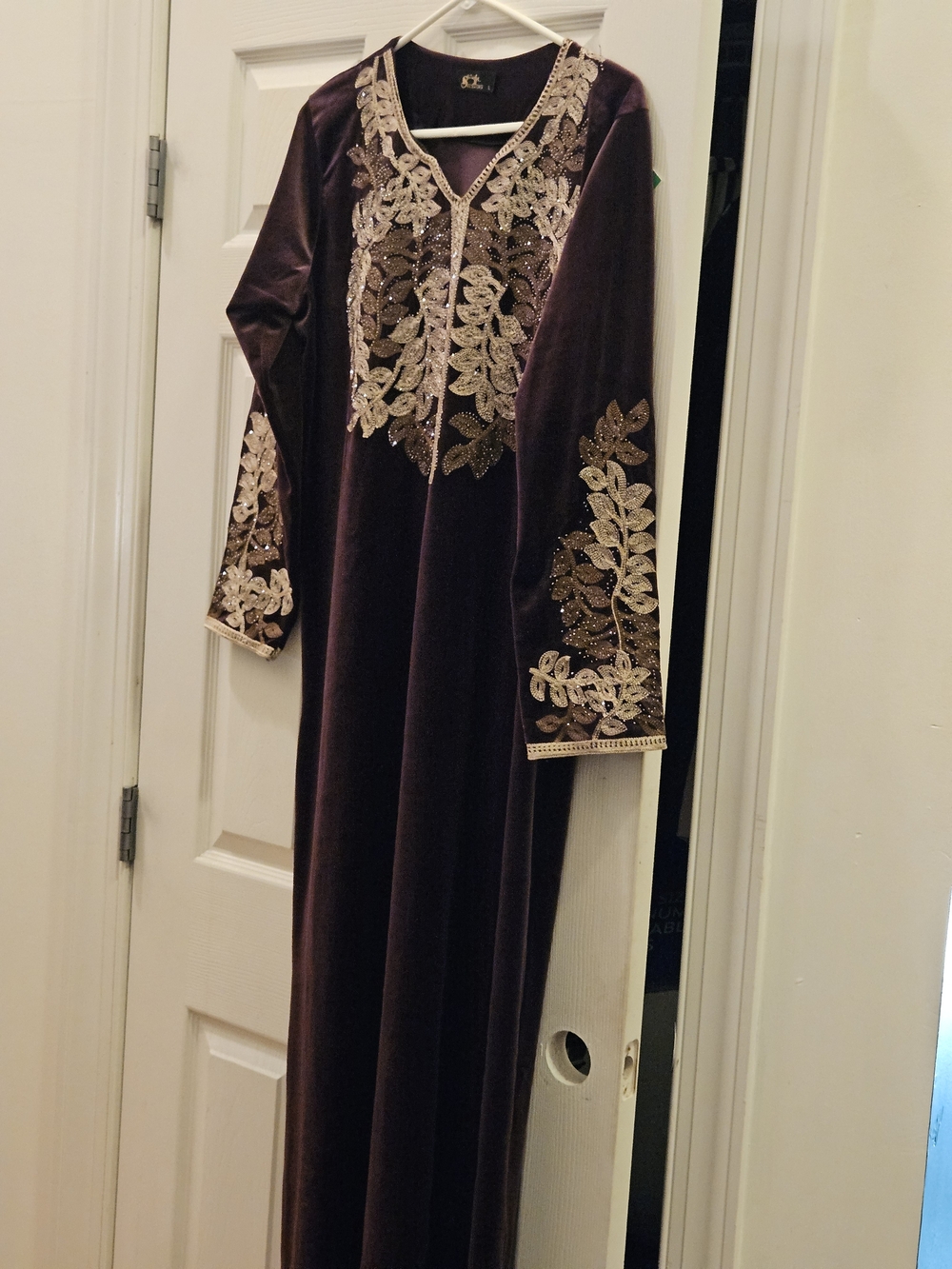 Velvet Long Sleeve Maxi Dress with Gold Embroidery